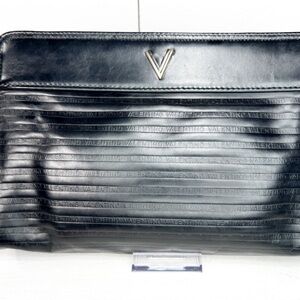 Mario Valentino Embossed Leather Clutch Wallet Black Gold V Logo Italy